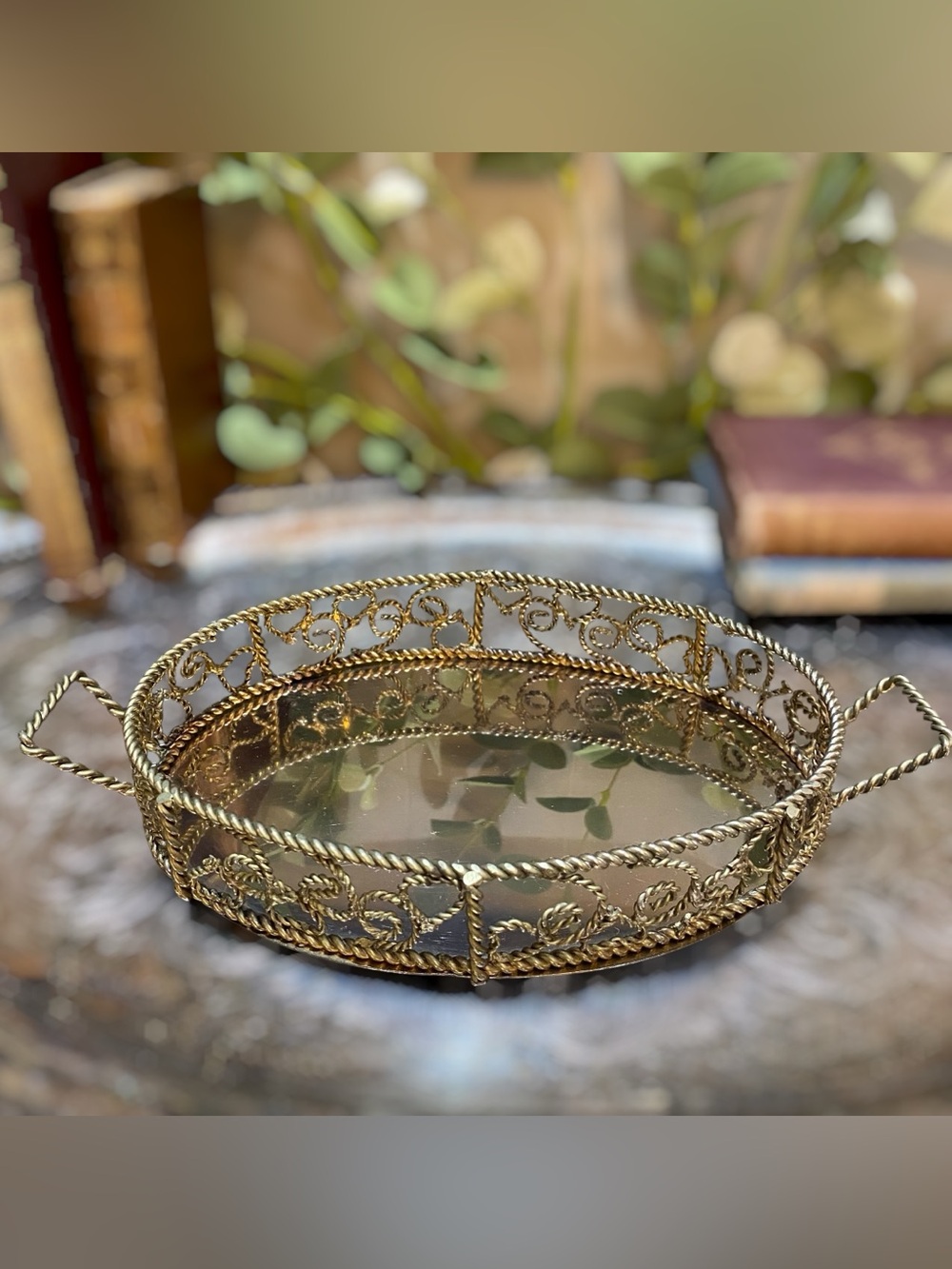 Vintage Brass Gallery Tray Twisted Rope Handled Hollywood Regency Mid Century